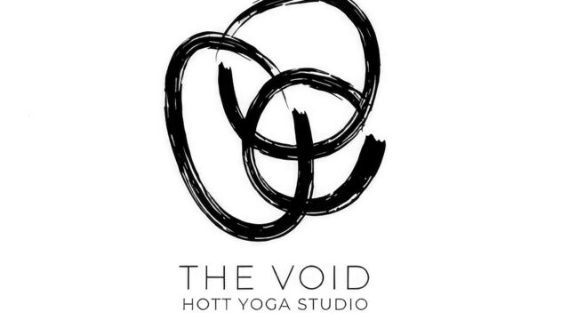 Logo for The Void Hott Yoga Studio with abstract black circular brush strokes and the text The Void Hott Yoga Studio beneath it.