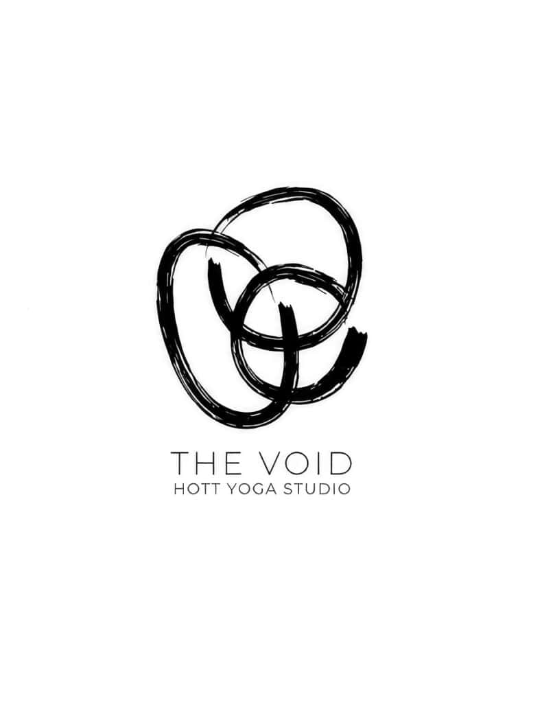 Logo for The Void Hott Yoga Studio with abstract black circular brush strokes and the text The Void Hott Yoga Studio beneath it.