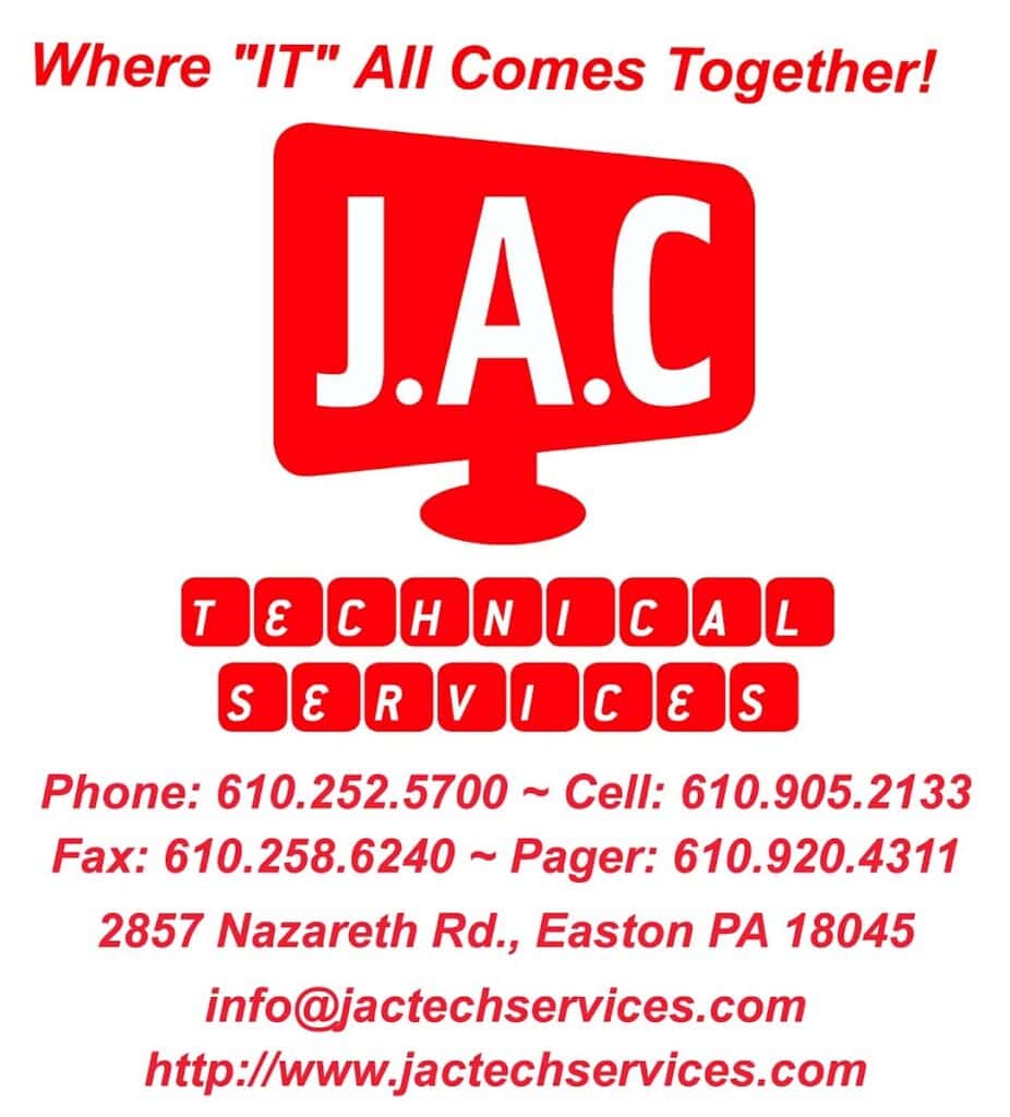 J.A.C Technical Services LLC logo with contact information and slogan 'Where "IT" All Comes Together!' for IT and technical services in Easton, PA.