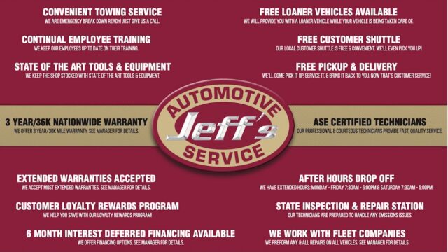 Easton Post advertisement for Jeff's Automotive highlighting services like towing, warranties, loaner vehicles, and certified technicians.