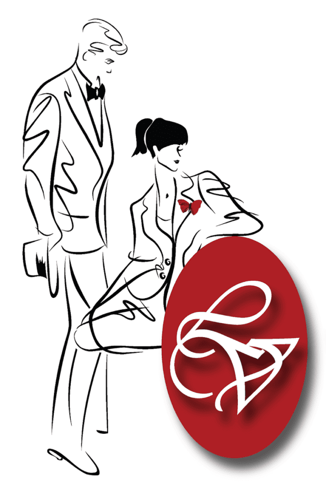 Elegant illustration of a man and woman in formal attire, with a red oval logo featuring a white stylized letter 'E' and 'P' for Easton Post, related to dry cleaning services.