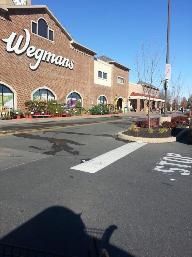 Exterior view of Wegmans grocery store with parking lot and clear blue sky in the background.