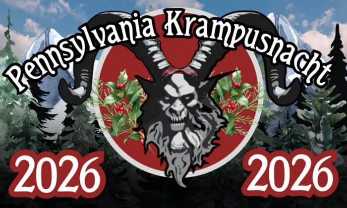 Pennsylvania Krampusnacht Pennsylvania Krampusnacht 2026 event poster featuring a horned goat figure with a sinister grin, set against a forest background with pine trees and snow.