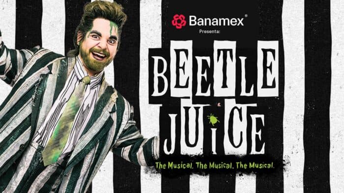 Promotional poster for Beetlejuice - The Musical at Easton Post featuring a smiling actor in striped suit and the show's logo.