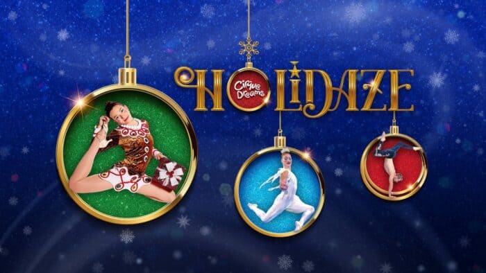 Three Christmas ornaments with performers from Cirque Dreams Holidaze, featuring a dancer, a gymnast, and a contortionist, against a snowy night sky background.