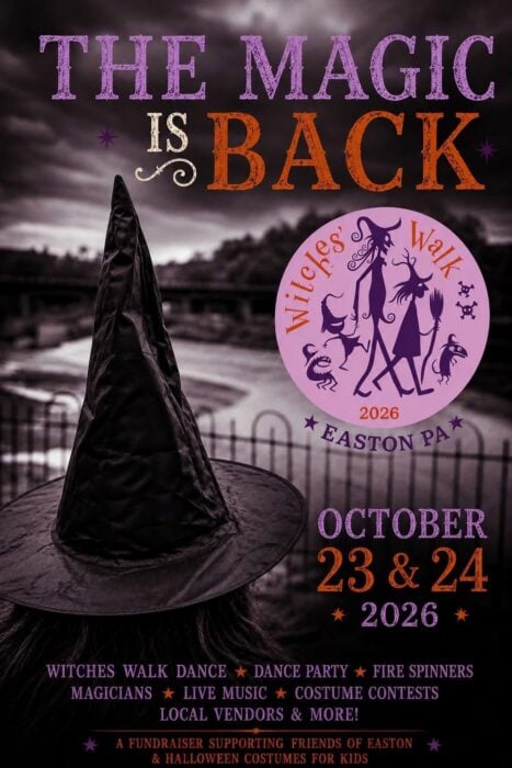 A witch's hat with a scenic background promoting Easton's 2nd Annual Witches' Walk event on October 23-24, 2026, featuring dance, music, and costume contests.