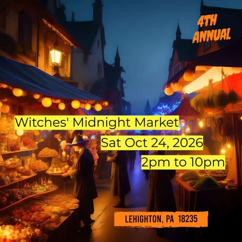 Witches' Midnight Market event at Leighton, PA, with market stalls and visitors in a medieval-themed setting at dusk, promoting the 4th annual event on October 24, 2026.