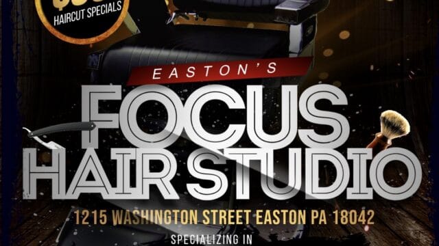 Interior shot of Focus Hair Studio with barber chair, promotional offer for $30 haircut specials, and contact details for appointments in Easton, PA.