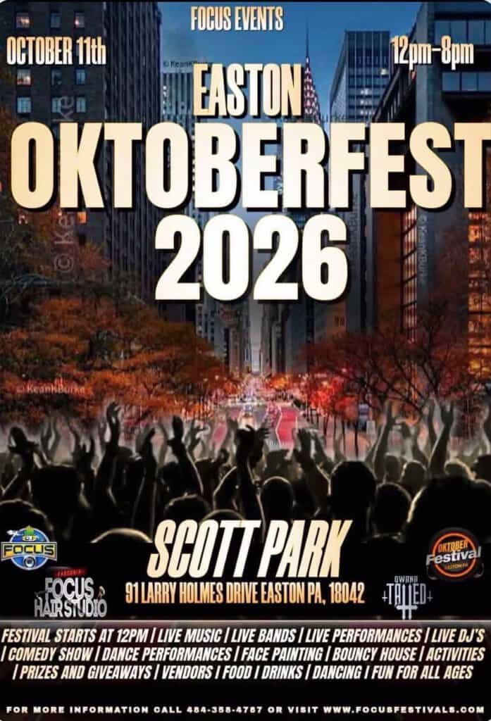 Easton Oktoberfest 2026 1 Crowd enjoying Easton Oktoberfest 2026 at Scott Park with city skyline in background, event details include October 11th from 12pm to 8pm.