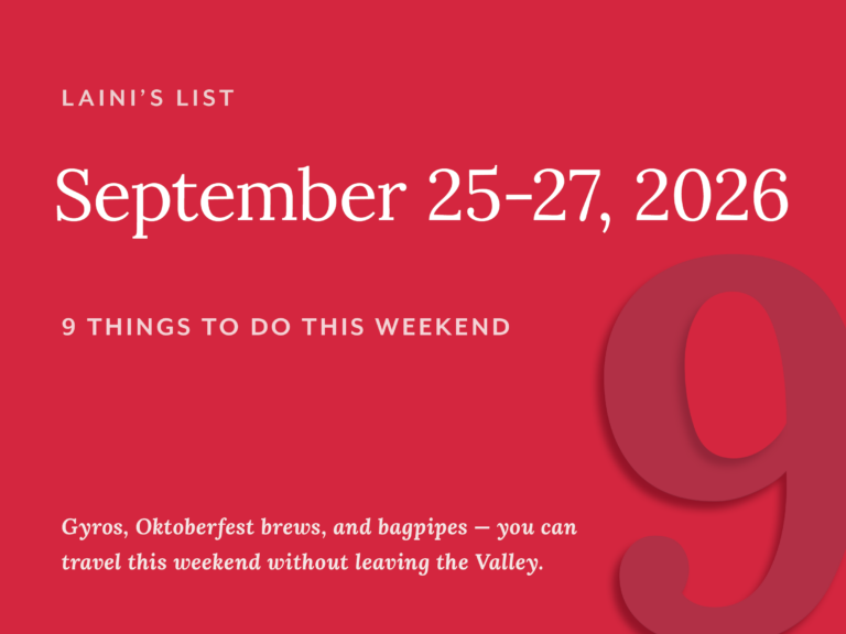 Event poster for Laini's List September 25-27, 2026, featuring a red background, white text, and a large number 9, promoting weekend activities like gyros, Oktoberfest brews, and bagpipers.