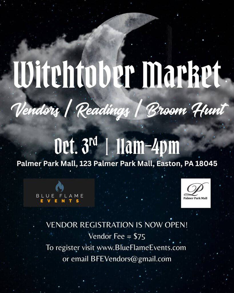 Witchtober Market 1 Witchtober Market event poster featuring a moon and clouds, with vendors, readings, and broom hunt details for October 3rd at Palmer Park Mall, Easton, PA.