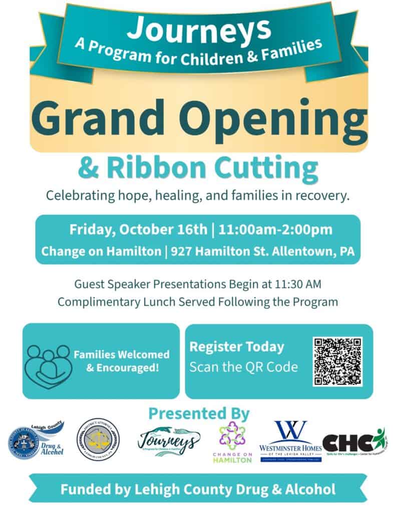 JOURNEYS Grand Opening & Ribbon Cutting 2 Flyer for Journeys Grand Opening and Ribbon Cutting event on October 16th at Change on Hamilton in Allentown, PA, featuring guest speakers and family activities.