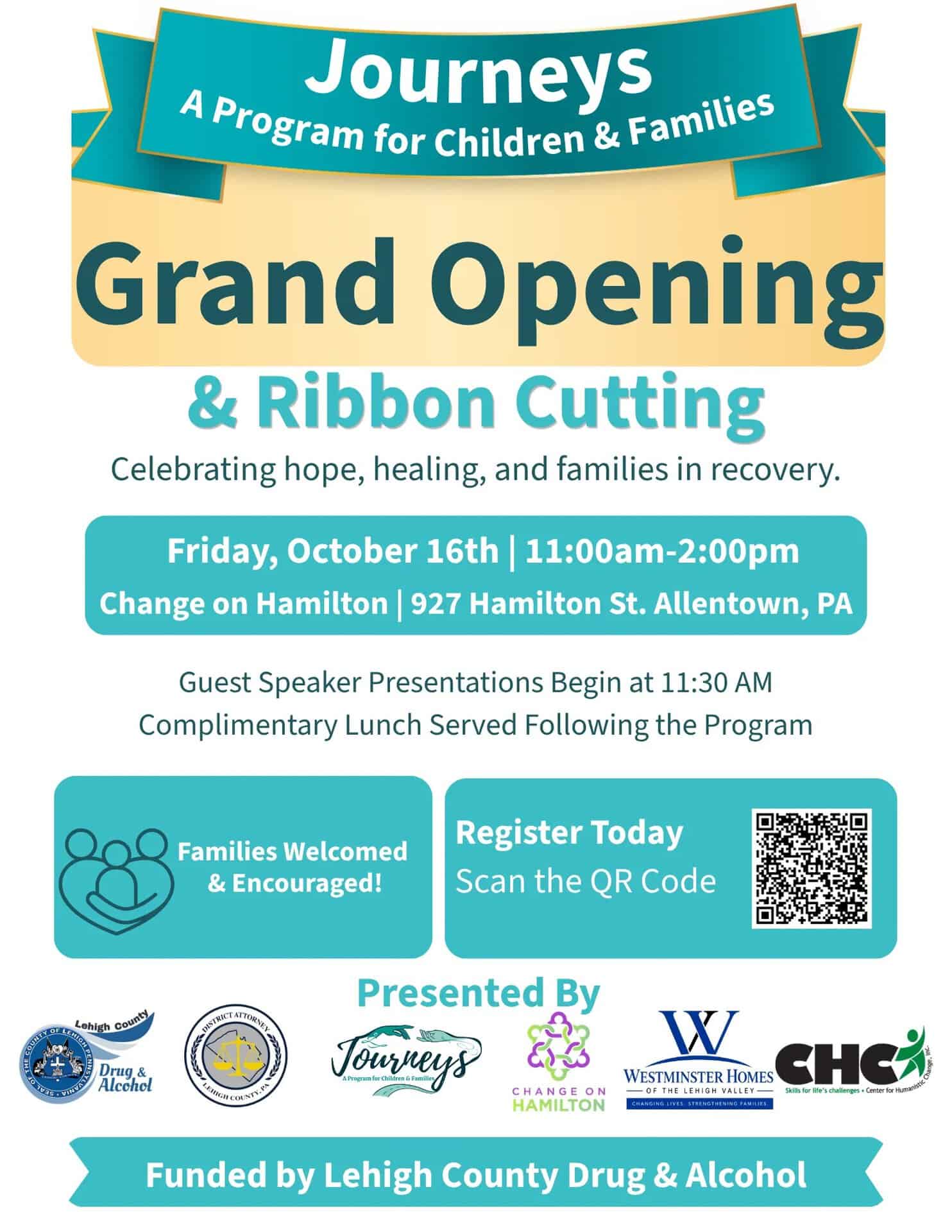 Flyer for Journeys Grand Opening and Ribbon Cutting event on October 16th at Change on Hamilton in Allentown, PA, featuring guest speakers and family activities.