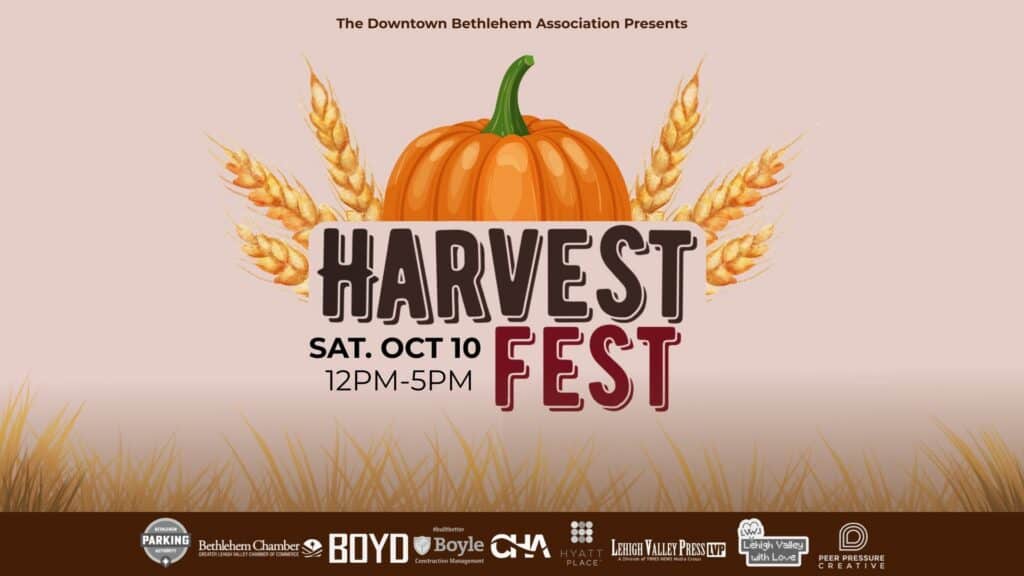 Pumpkin with wheat stalks promoting Harvest Fest event in Bethlehem on October 10 from 12pm to 5pm.