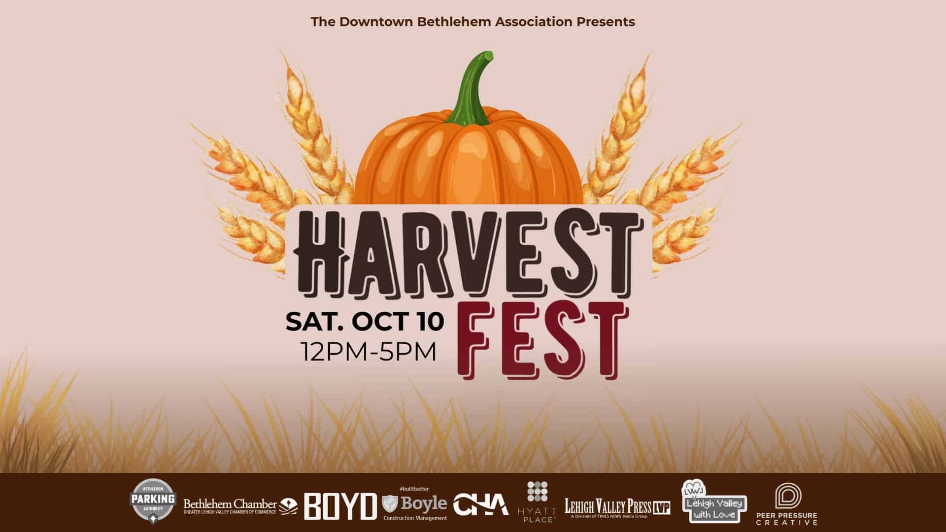 Pumpkin with wheat stalks promoting Harvest Fest event in Bethlehem on October 10 from 12pm to 5pm.