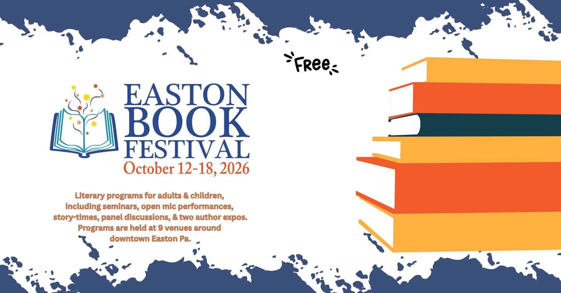 Easton Book Festival promotional banner featuring a stack of colorful books and event details for October 12-18, 2026.