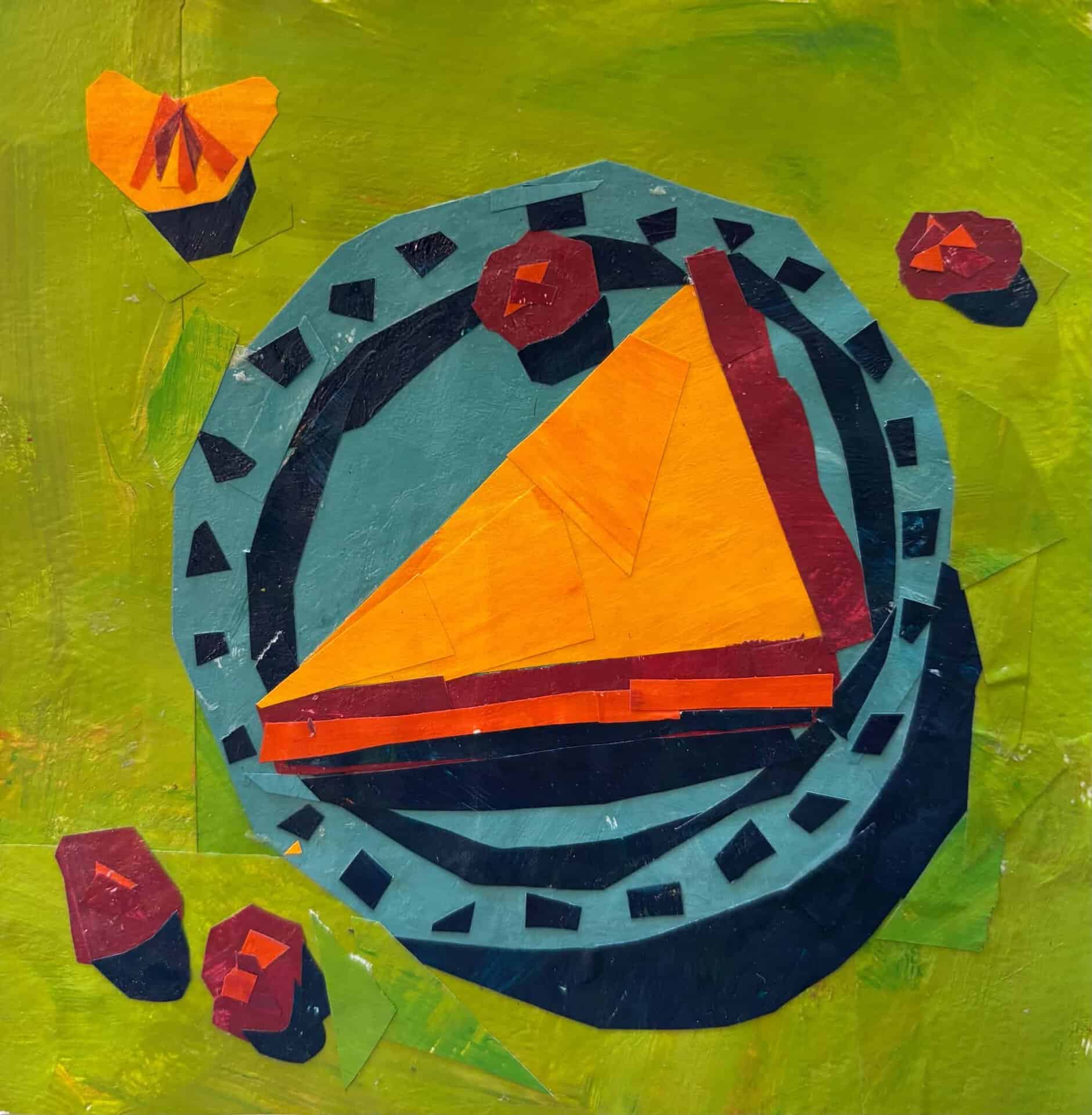 Colorful paper collage of a triangular slice of pie on a plate with scattered pieces on a green background.