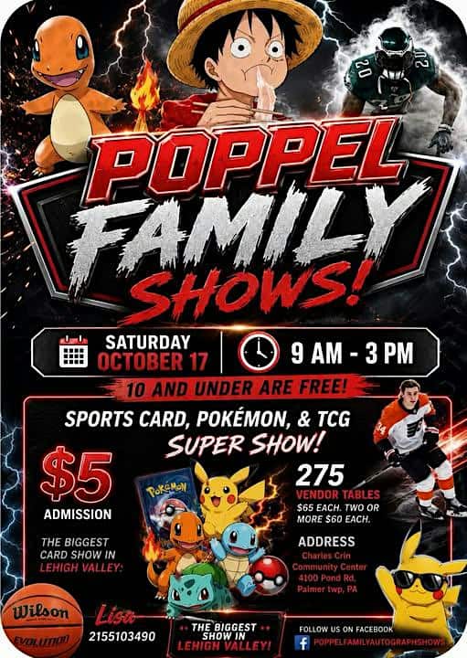 Event poster for Poppel Family Shows featuring Pokémon, sports, and entertainment with details on date, time, location, and admission.