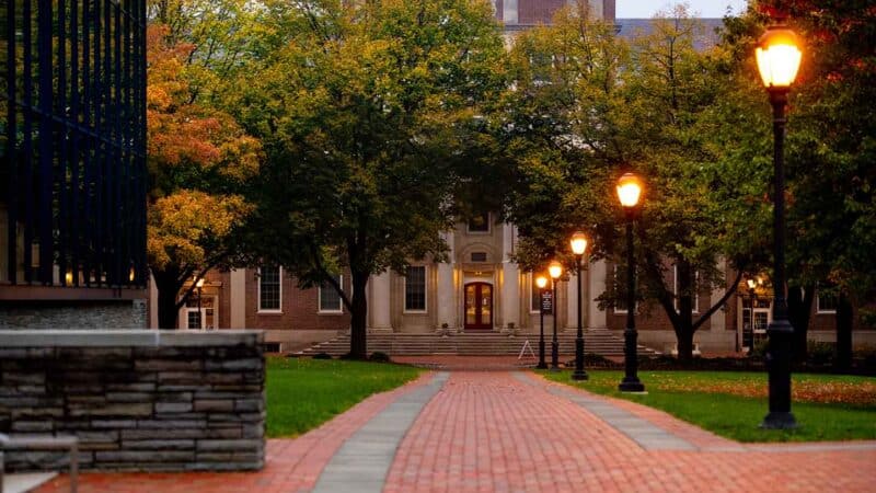 A peaceful college campus walkway lined with vintage-style street lamps and lush green trees during early evening.