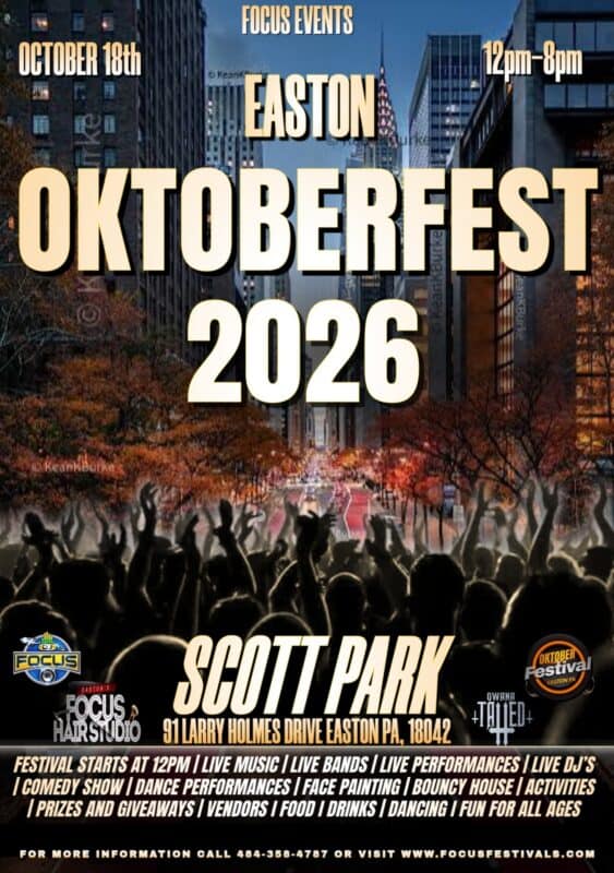 Promotional poster for Easton Oktoberfest 2026 featuring event details, location at Scott Park, and festive crowd imagery for SEO.
