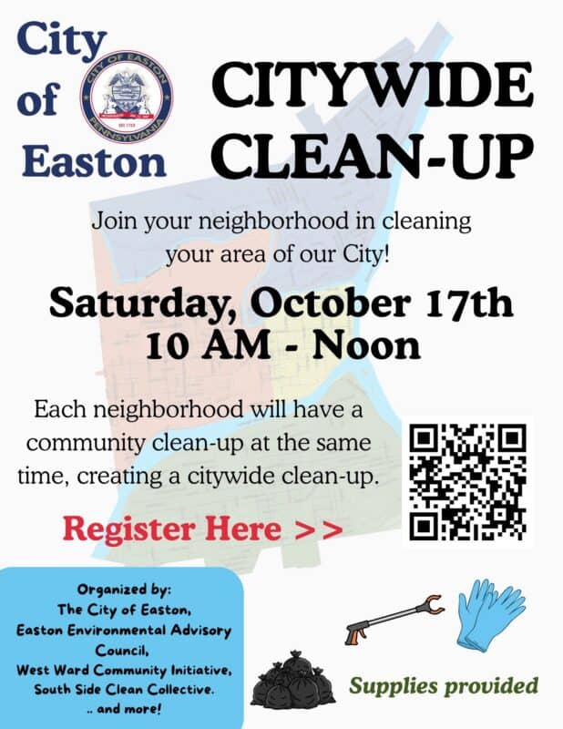 Flyer for Easton Citywide Clean-Up event on October 17th, 10 AM to noon, organized by local community groups, with supplies provided and a QR code for registration.