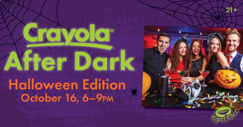Group of young adults celebrating Halloween with costumes, decorations, and pumpkin-shaped treats at a Crayola After Dark Halloween event.