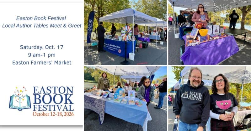 Local authors at Easton Book Festival meet and greet booth during Easton Farmers' Market with books and attendees.