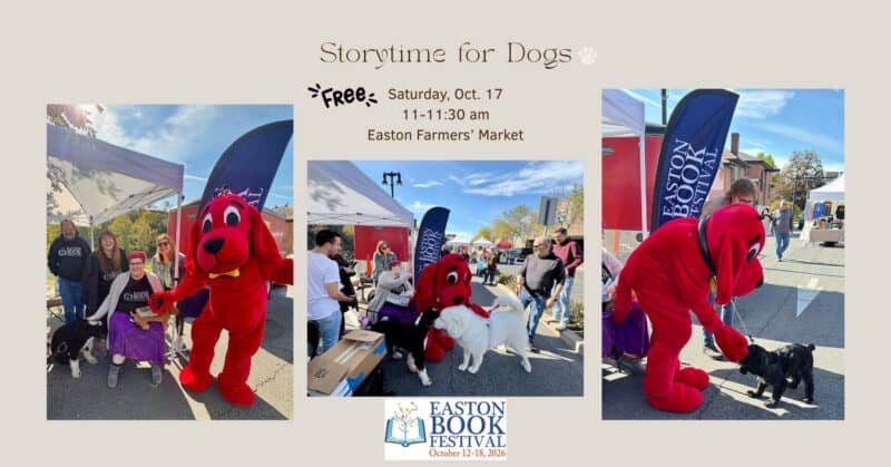 Dogs and children enjoying storytime with a red dog mascot at Easton Farmers' Market during the Easton Book Festival.