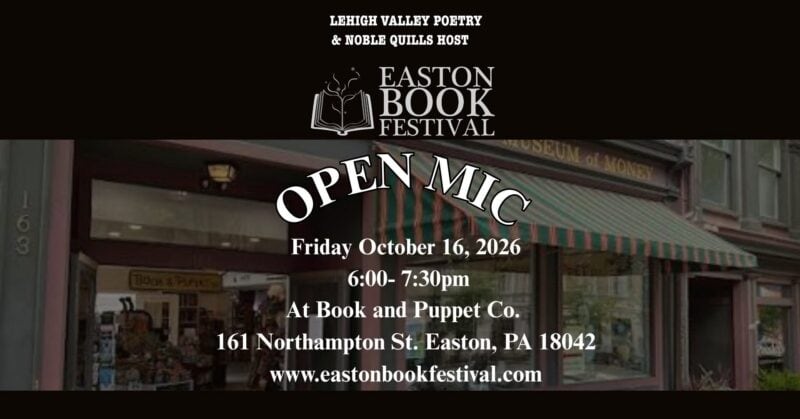 Open Mic event at Book and Puppet Co. in Easton, PA, featuring poetry and performances on October 16, 2026, from 6:00 to 7:30 pm, part of the Easton Book Festival.