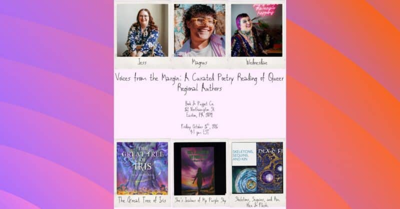 Poster for 'Voices from the Margin' poetry reading featuring regional queer authors, with images of four diverse poets and book covers, promoting inclusivity and regional literature.
