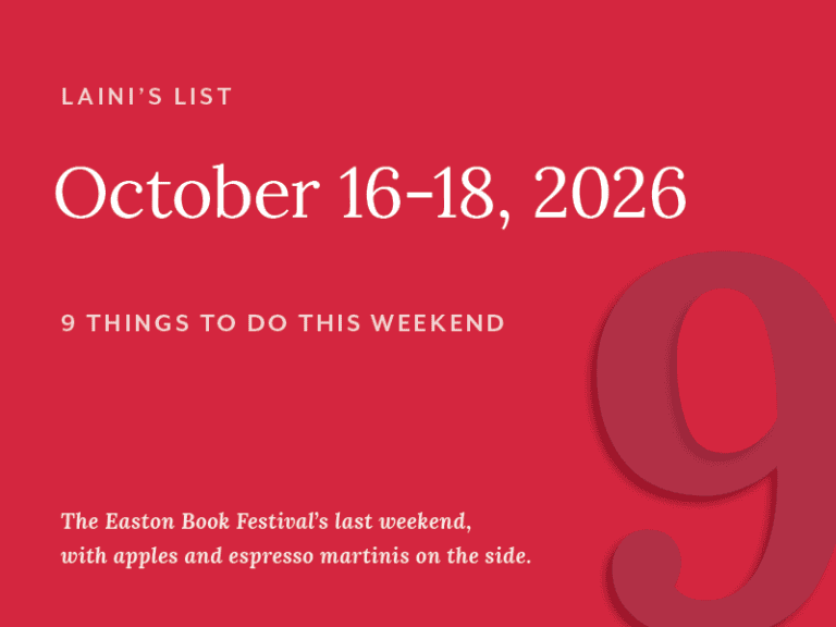 Event poster for Laini's List October 16-18, 2026, featuring a red background, white text, and a large number 9, promoting activities for the weekend.