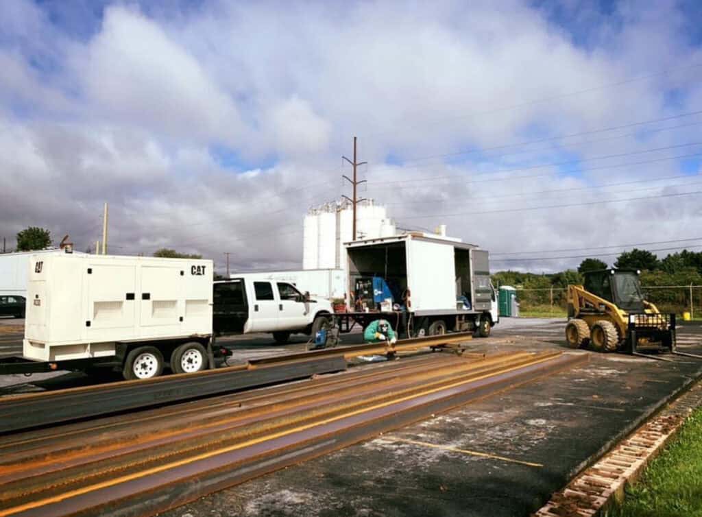 Railroad track maintenance equipment and vehicles on a cloudy day at Easton Post.