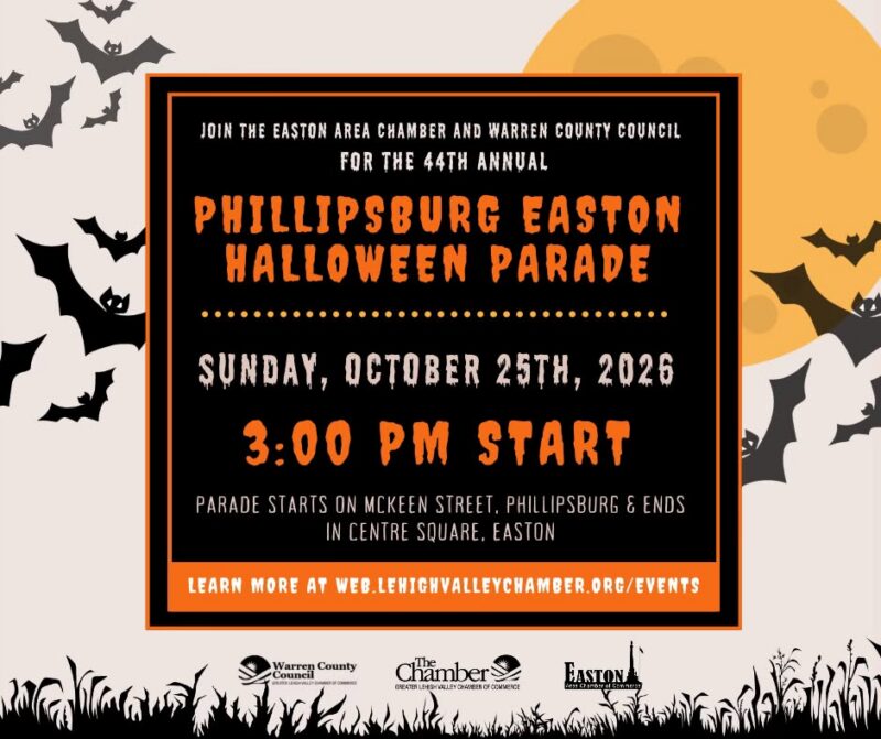 Poster for the 44th Annual Phillipsburg Easton Halloween Parade on October 25, 2026, starting at 3:00 PM, featuring Halloween-themed graphics and event details.
