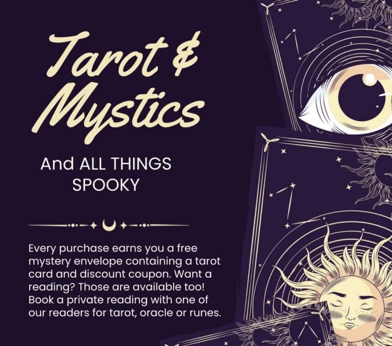 Promotional poster for Fourth Friday event featuring Tarot, Mystics, and spooky themes with mystical illustrations and celestial symbols.