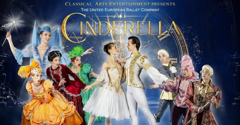 Cast of Cinderella ballet performance by The United European Ballet Company in Easton, PA, featuring dancers in colorful costumes on stage.